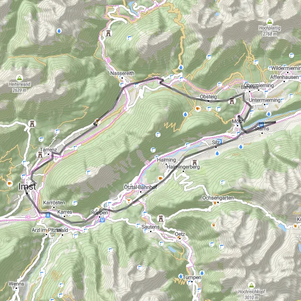 Miniatura della mappa di ispirazione al ciclismo "Cicloturismo tra le montagne del Tirolo" nella regione di Tirol, Austria. Generata da Tarmacs.app, pianificatore di rotte ciclistiche