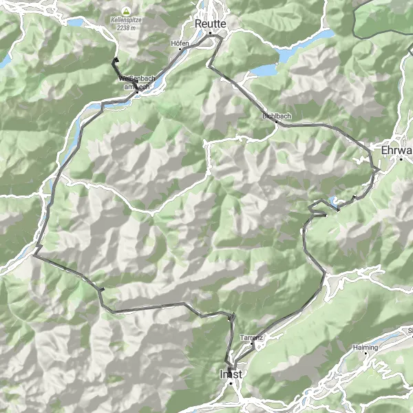 Miniatura della mappa di ispirazione al ciclismo "Esplorazione ciclistica nell'Area Naturale Pfafflar" nella regione di Tirol, Austria. Generata da Tarmacs.app, pianificatore di rotte ciclistiche