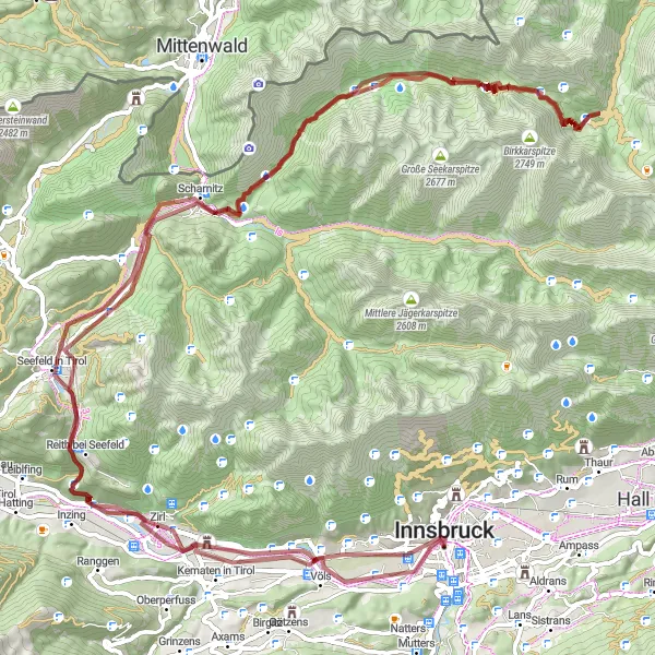 Miniature de la carte de l'inspiration cycliste "Tour des Alpes de l'Innsbruck Gravel" dans la Tirol, Austria. Générée par le planificateur d'itinéraire cycliste Tarmacs.app