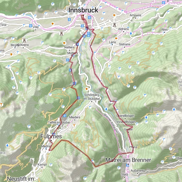 Zemljevid v pomanjšavi "Raziskovanje Tirolske pokrajine" kolesarske inspiracije v Tirol, Austria. Generirano z načrtovalcem kolesarskih poti Tarmacs.app