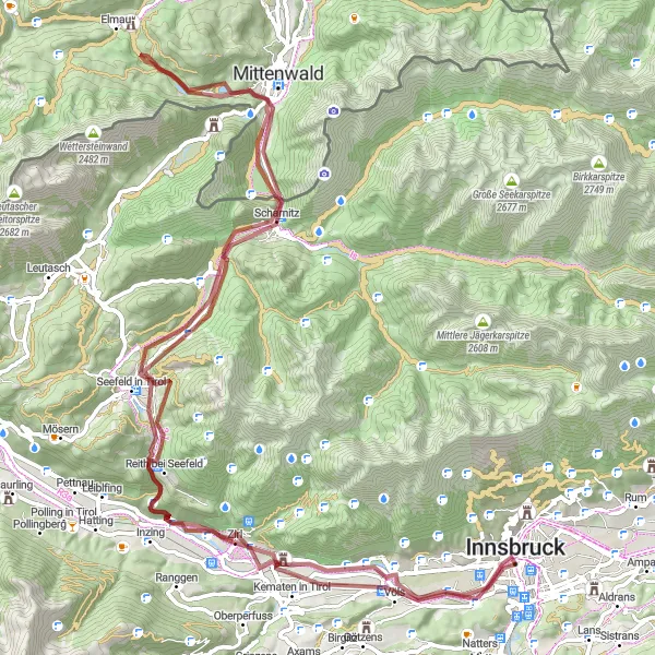 Miniaturekort af cykelinspirationen "Grusvejstur gennem Tyrols bjerge" i Tirol, Austria. Genereret af Tarmacs.app cykelruteplanlægger