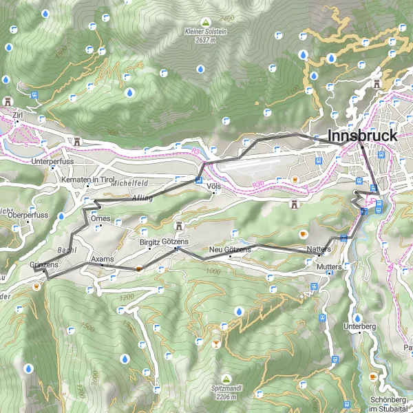 Miniaturekort af cykelinspirationen "Kort og intens cykeltur til Axams" i Tirol, Austria. Genereret af Tarmacs.app cykelruteplanlægger