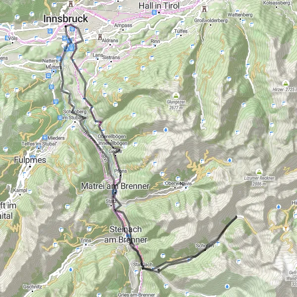 Zemljevid v pomanjšavi "Pot do Steinacha am Brenner" kolesarske inspiracije v Tirol, Austria. Generirano z načrtovalcem kolesarskih poti Tarmacs.app