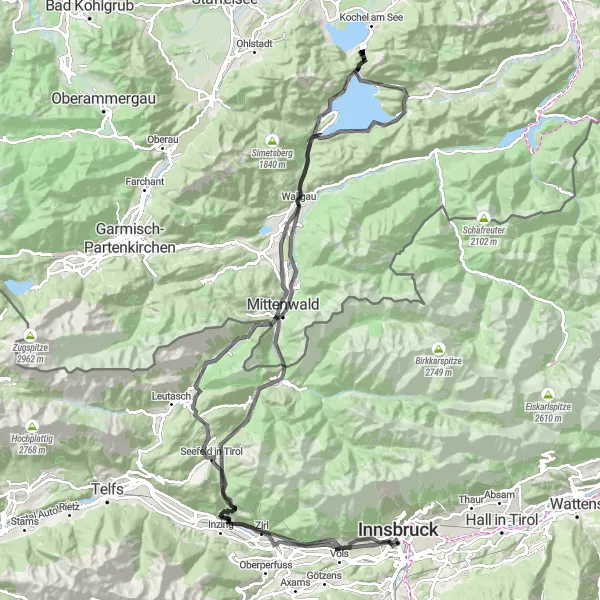 Zemljevid v pomanjšavi "Panoramska vožnja po Tirolu" kolesarske inspiracije v Tirol, Austria. Generirano z načrtovalcem kolesarskih poti Tarmacs.app