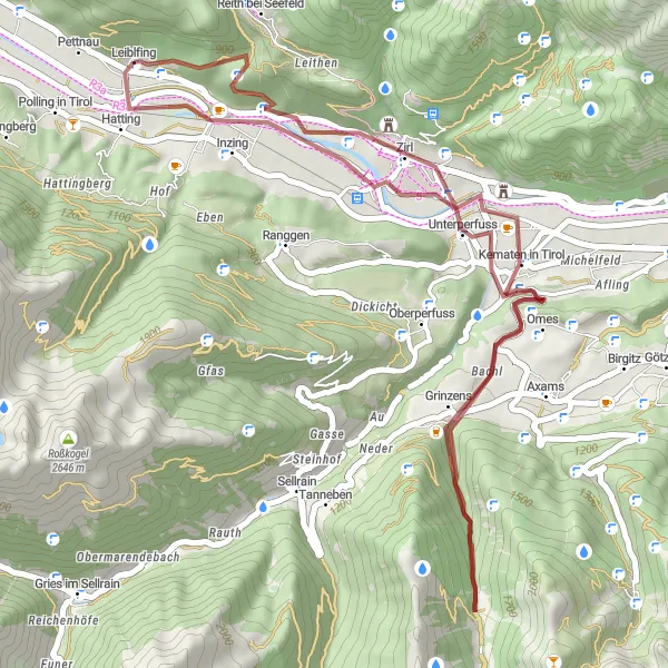 Zemljevid v pomanjšavi "Raziskovanje goratega terena od Inzinga do Wetterkreuz" kolesarske inspiracije v Tirol, Austria. Generirano z načrtovalcem kolesarskih poti Tarmacs.app