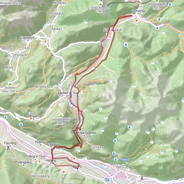 Map miniature of "Reith bei Seefeld - Seefelder Sattel - Scharnitz - Blick nach Gießenbach - Seefeld in Tirol - Pfarrhuegel - Inzing loop" cycling inspiration in Tirol, Austria. Generated by Tarmacs.app cycling route planner
