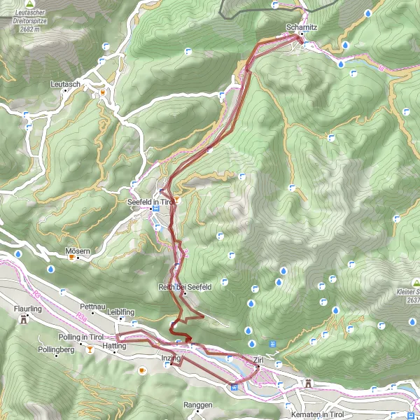 Mapa miniatúra "Historická cyklotrasa Inzing - Scharnitz" cyklistická inšpirácia v Tirol, Austria. Vygenerované cyklistickým plánovačom trás Tarmacs.app