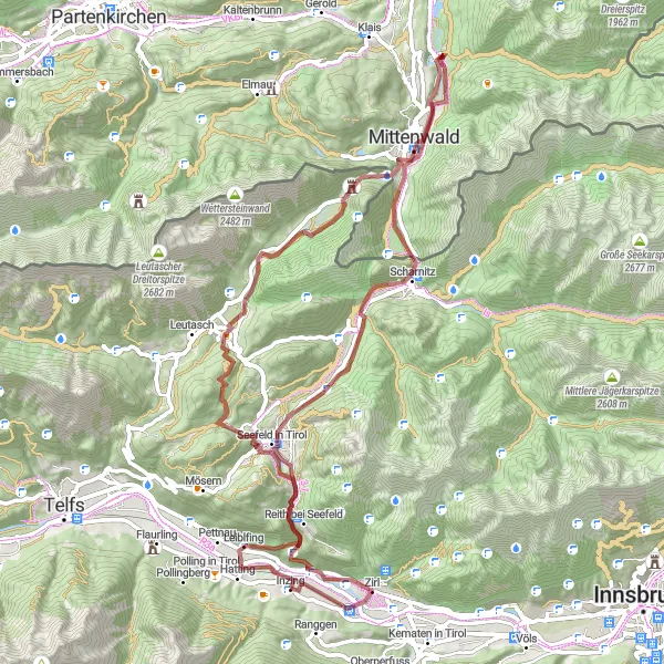 Miniature de la carte de l'inspiration cycliste "Aventure alpine autour de Seefeld" dans la Tirol, Austria. Générée par le planificateur d'itinéraire cycliste Tarmacs.app