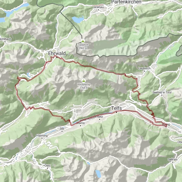 Miniatura della mappa di ispirazione al ciclismo "Rotta in bicicletta da Inzing" nella regione di Tirol, Austria. Generata da Tarmacs.app, pianificatore di rotte ciclistiche