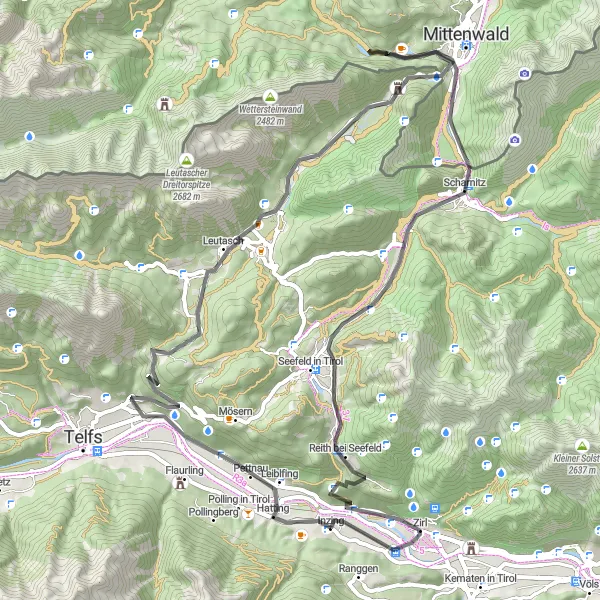Miniatua del mapa de inspiración ciclista "Viaje escénico de 72 km" en Tirol, Austria. Generado por Tarmacs.app planificador de rutas ciclistas