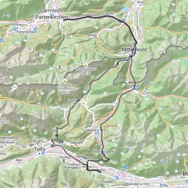 Miniatuurkaart van de fietsinspiratie "Rondrit vanuit Inzing naar Mittenwald en terug" in Tirol, Austria. Gemaakt door de Tarmacs.app fietsrouteplanner