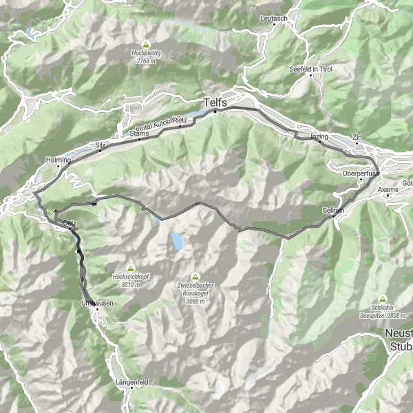 Miniatua del mapa de inspiración ciclista "Ruta de ciclismo de carretera a Oberperfuss" en Tirol, Austria. Generado por Tarmacs.app planificador de rutas ciclistas