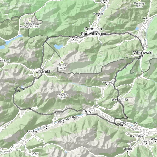 Miniatuurkaart van de fietsinspiratie "Uitdagende fietstocht van Inzing naar Mittenwald" in Tirol, Austria. Gemaakt door de Tarmacs.app fietsrouteplanner