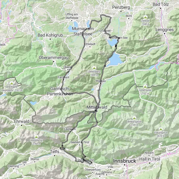 Zemljevid v pomanjšavi "Tirolature od Inzinga do Murnau am Staffelsee" kolesarske inspiracije v Tirol, Austria. Generirano z načrtovalcem kolesarskih poti Tarmacs.app