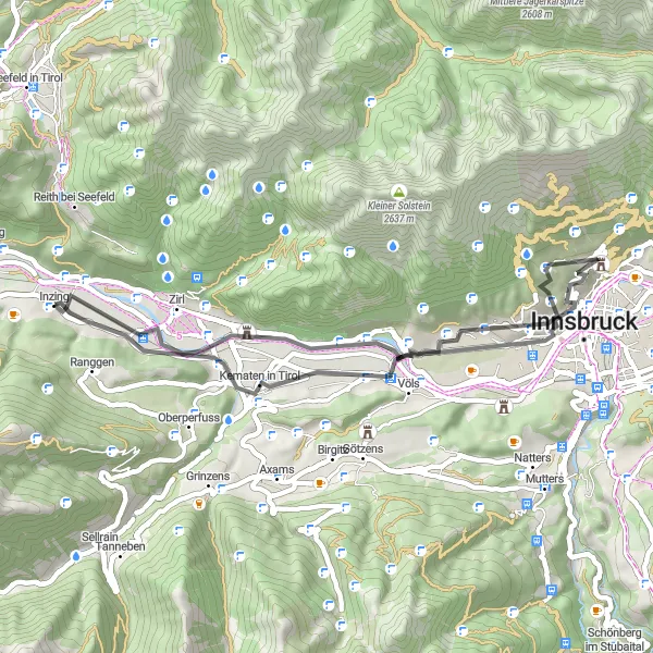 Miniatura della mappa di ispirazione al ciclismo "Giro in bicicletta intorno a Inzing" nella regione di Tirol, Austria. Generata da Tarmacs.app, pianificatore di rotte ciclistiche