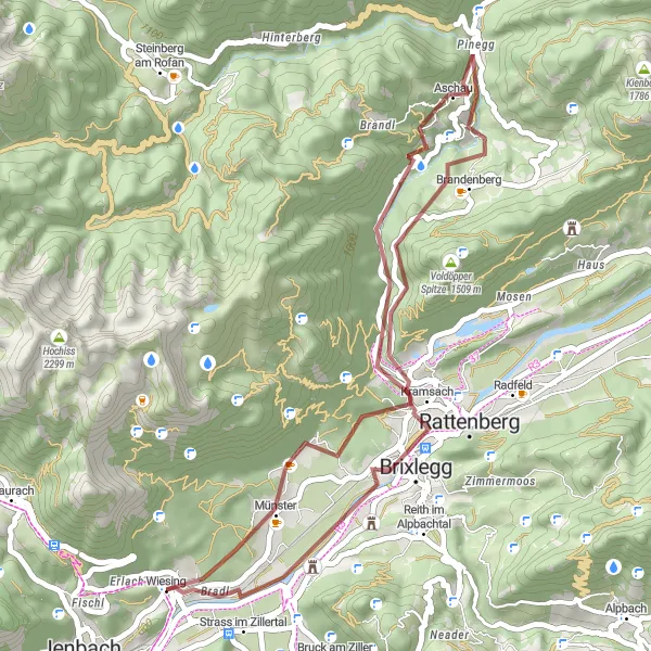 Miniatua del mapa de inspiración ciclista "Ruta en grava desde Jenbach a Bürglberg" en Tirol, Austria. Generado por Tarmacs.app planificador de rutas ciclistas