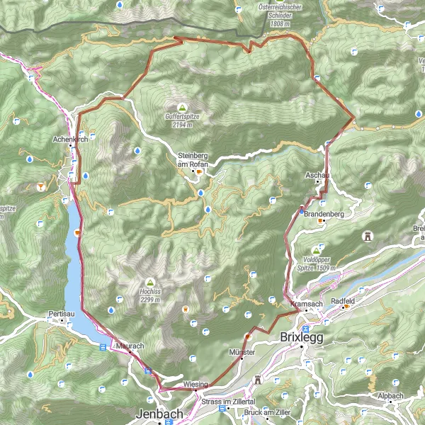 Mapa miniatúra "Mountain Discovery" cyklistická inšpirácia v Tirol, Austria. Vygenerované cyklistickým plánovačom trás Tarmacs.app