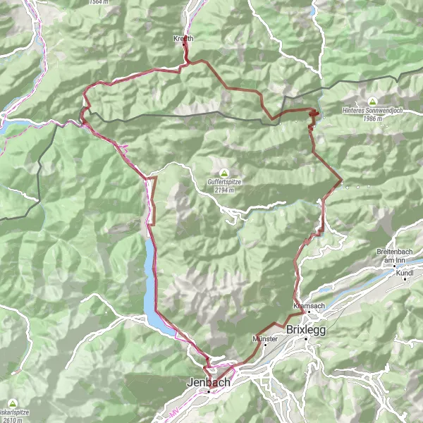 Miniaturekort af cykelinspirationen "Grusvej Cykeltur ved Achensee" i Tirol, Austria. Genereret af Tarmacs.app cykelruteplanlægger