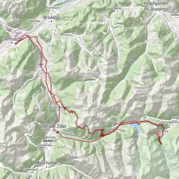 Miniaturekort af cykelinspirationen "Gravel tur til Krimml via Gerlospass" i Tirol, Austria. Genereret af Tarmacs.app cykelruteplanlægger