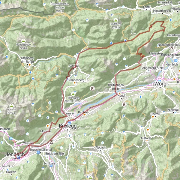 Miniature de la carte de l'inspiration cycliste "L'Aventure des Alpes de Kramsach" dans la Tirol, Austria. Générée par le planificateur d'itinéraire cycliste Tarmacs.app