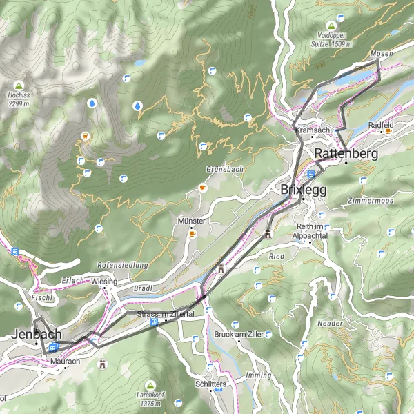 Mapa miniatúra "Zillertal Nature Tour" cyklistická inšpirácia v Tirol, Austria. Vygenerované cyklistickým plánovačom trás Tarmacs.app