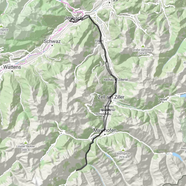 Miniatua del mapa de inspiración ciclista "Ruta de ciclismo en carretera Jenbach - Burgeck" en Tirol, Austria. Generado por Tarmacs.app planificador de rutas ciclistas