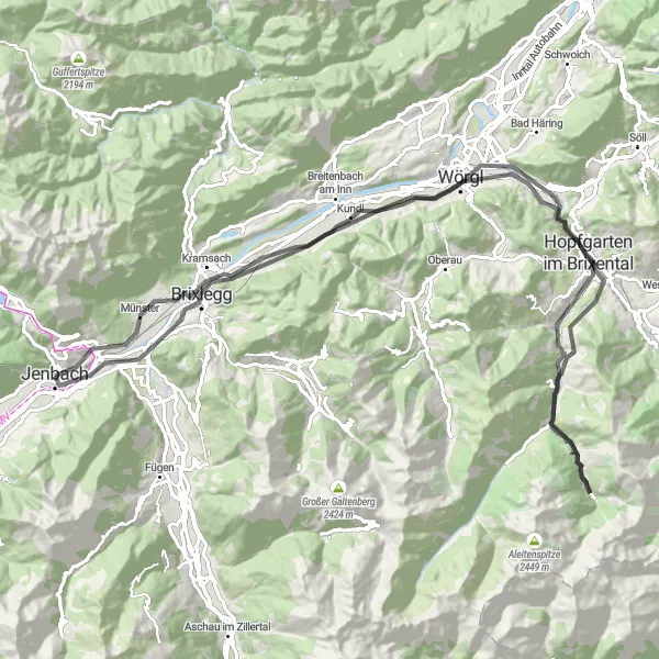 Miniature de la carte de l'inspiration cycliste "Parcours entre Jenbach et Strass im Zillertal" dans la Tirol, Austria. Générée par le planificateur d'itinéraire cycliste Tarmacs.app