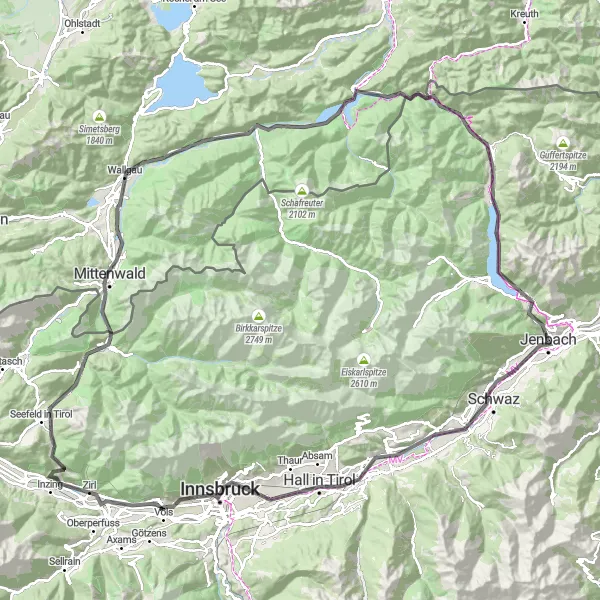 Miniatua del mapa de inspiración ciclista "Ruta panorámica desde Schwaz a Mittenwald" en Tirol, Austria. Generado por Tarmacs.app planificador de rutas ciclistas
