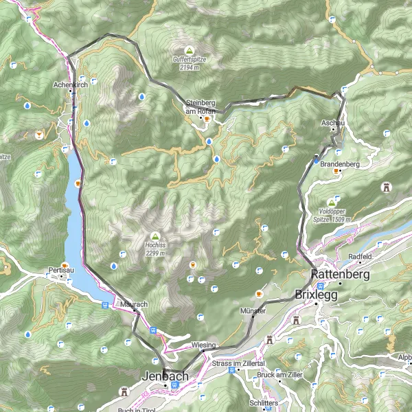 Miniatua del mapa de inspiración ciclista "Ruta de ciclismo por los Alpes de Tirol" en Tirol, Austria. Generado por Tarmacs.app planificador de rutas ciclistas