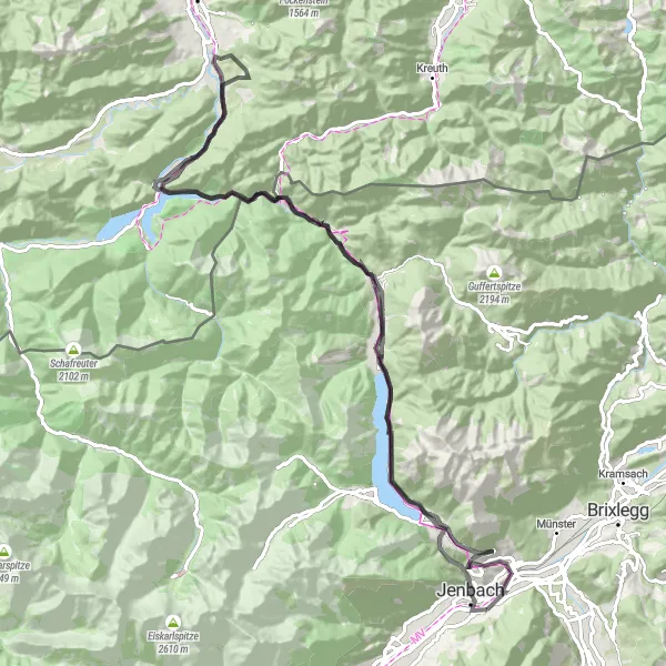 Karttaminiaatyyri "Jenbachin ympäripyöräily" pyöräilyinspiraatiosta alueella Tirol, Austria. Luotu Tarmacs.app pyöräilyreittisuunnittelijalla