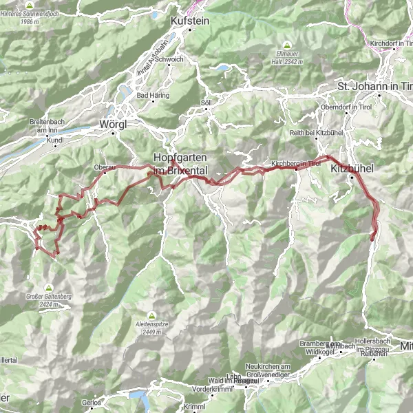 Miniaturekort af cykelinspirationen "Bergen og Dale - Jochberg til Aurach bei Kitzbühel" i Tirol, Austria. Genereret af Tarmacs.app cykelruteplanlægger