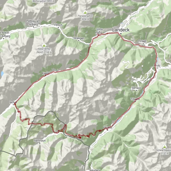 Miniatua del mapa de inspiración ciclista "Ruta de ciclismo de gravilla desde Kappl 4" en Tirol, Austria. Generado por Tarmacs.app planificador de rutas ciclistas