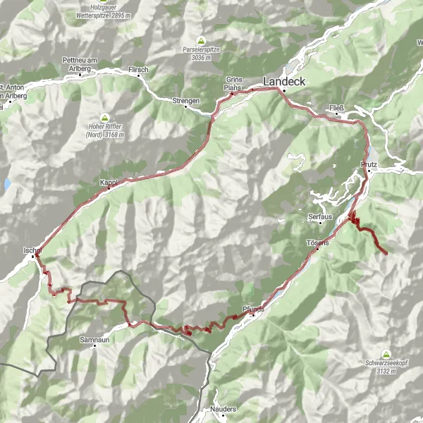 Karttaminiaatyyri "Pians - Rote Wand - Ischgl" pyöräilyinspiraatiosta alueella Tirol, Austria. Luotu Tarmacs.app pyöräilyreittisuunnittelijalla