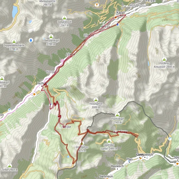 Zemljevid v pomanjšavi "Pustolovščina po Tirolski progi" kolesarske inspiracije v Tirol, Austria. Generirano z načrtovalcem kolesarskih poti Tarmacs.app