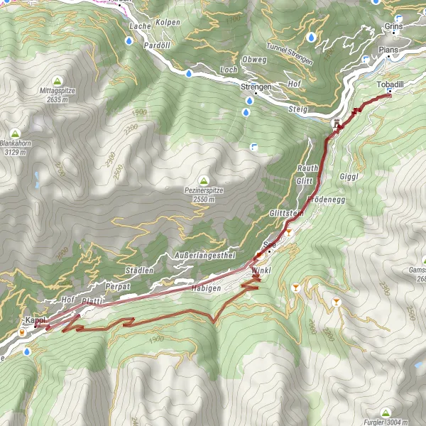 Miniatua del mapa de inspiración ciclista "Ruta corta de ciclismo de gravilla cerca de Kappl" en Tirol, Austria. Generado por Tarmacs.app planificador de rutas ciclistas