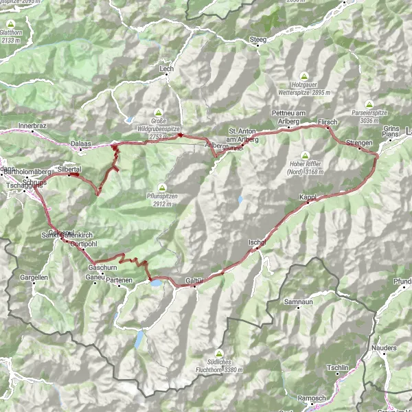 Zemljevid v pomanjšavi "Gravel avantura v bližini Kappla" kolesarske inspiracije v Tirol, Austria. Generirano z načrtovalcem kolesarskih poti Tarmacs.app