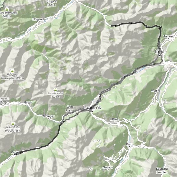 Karttaminiaatyyri "Alppimaisemien kiertoreitti" pyöräilyinspiraatiosta alueella Tirol, Austria. Luotu Tarmacs.app pyöräilyreittisuunnittelijalla