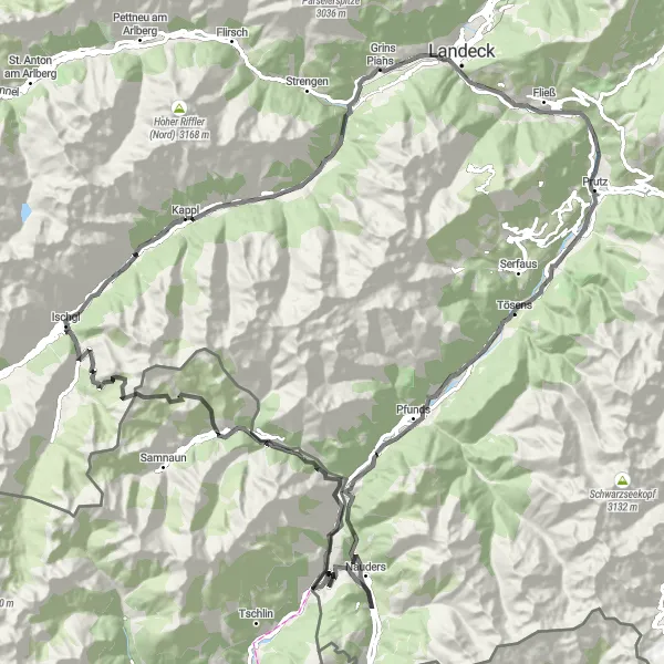 Kartminiatyr av "Alpine Oppdagelser fra Ischgl til Höfen" sykkelinspirasjon i Tirol, Austria. Generert av Tarmacs.app sykkelrutoplanlegger