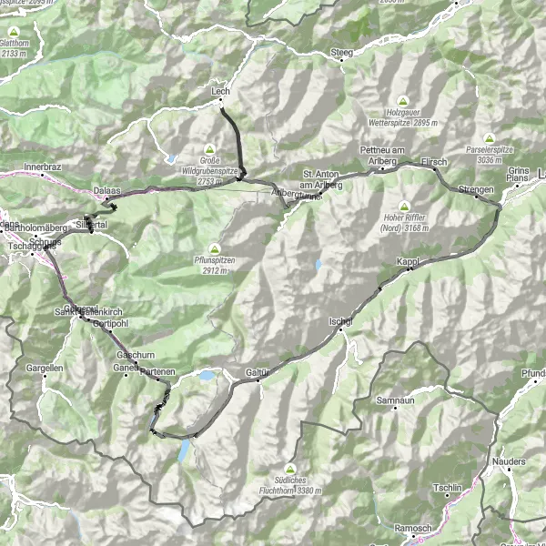 Miniatua del mapa de inspiración ciclista "Ruta de ciclismo de carretera desde Kappl" en Tirol, Austria. Generado por Tarmacs.app planificador de rutas ciclistas