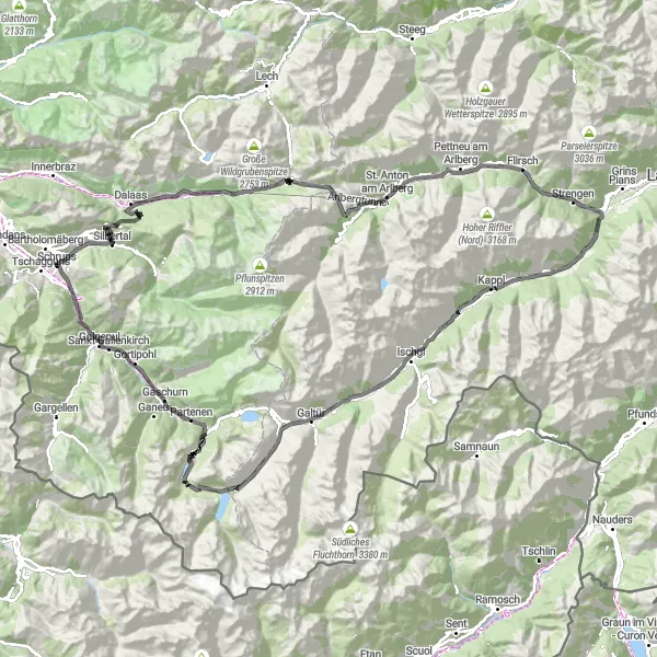 Miniaturní mapa "Silniční Cyklotrasa na hřebenech Tirolských Hor" inspirace pro cyklisty v oblasti Tirol, Austria. Vytvořeno pomocí plánovače tras Tarmacs.app