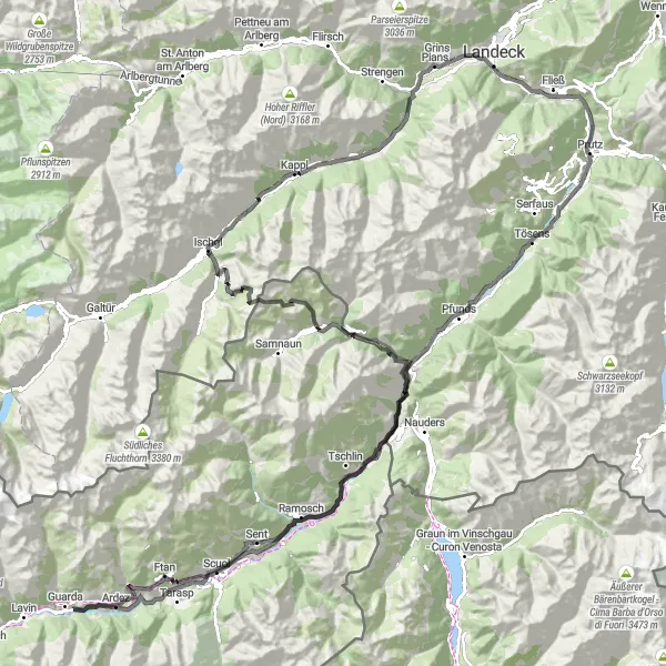 Miniatua del mapa de inspiración ciclista "Ruta en Carretera Pians-Höfen" en Tirol, Austria. Generado por Tarmacs.app planificador de rutas ciclistas