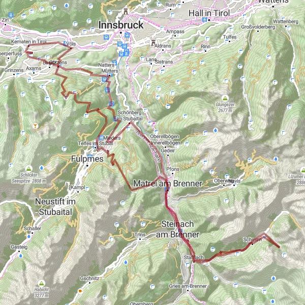 Miniatua del mapa de inspiración ciclista "Ruta de Ciclismo de Grava a Mutters" en Tirol, Austria. Generado por Tarmacs.app planificador de rutas ciclistas
