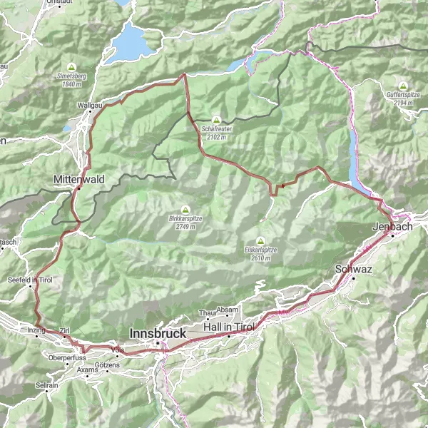 Miniatura della mappa di ispirazione al ciclismo "Kematen in Tirol e Innsbruck" nella regione di Tirol, Austria. Generata da Tarmacs.app, pianificatore di rotte ciclistiche