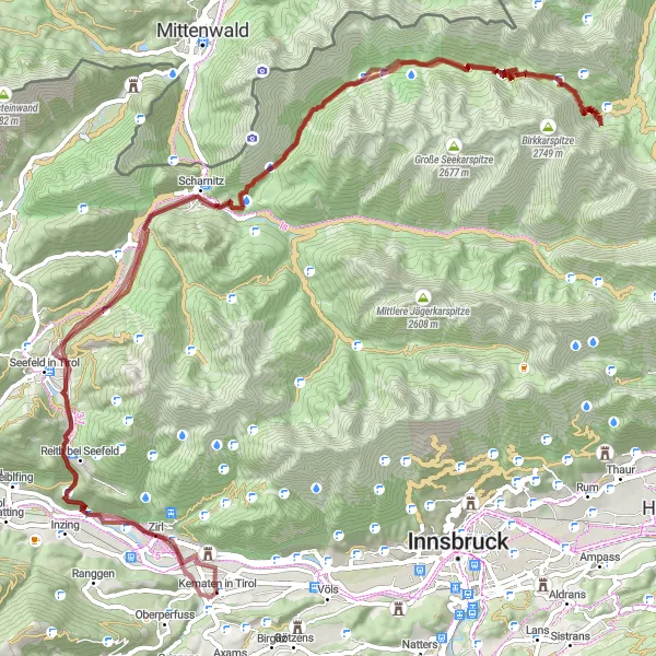 Kartminiatyr av "Eventyrlig sykkeltur fra Kematen i Tirol til Hochalmsattel" sykkelinspirasjon i Tirol, Austria. Generert av Tarmacs.app sykkelrutoplanlegger