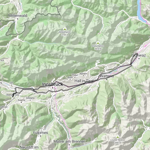 Miniaturekort af cykelinspirationen "Innsbruck til Unterperfuss Road Loop" i Tirol, Austria. Genereret af Tarmacs.app cykelruteplanlægger