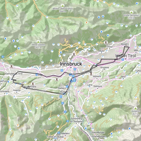 Karttaminiaatyyri "Götzens - Innsbruck Loop" pyöräilyinspiraatiosta alueella Tirol, Austria. Luotu Tarmacs.app pyöräilyreittisuunnittelijalla