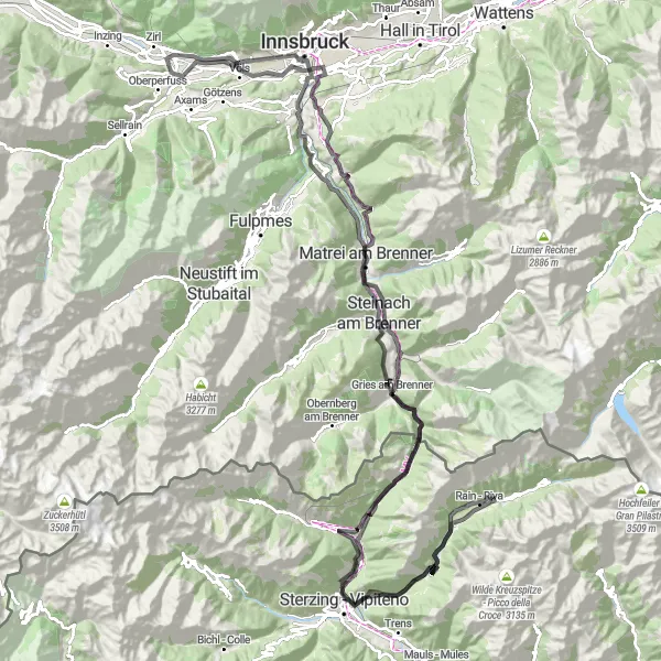 Miniatua del mapa de inspiración ciclista "Ruta de ciclismo de carretera Kematen-Brenner Pass-Gossensaß" en Tirol, Austria. Generado por Tarmacs.app planificador de rutas ciclistas