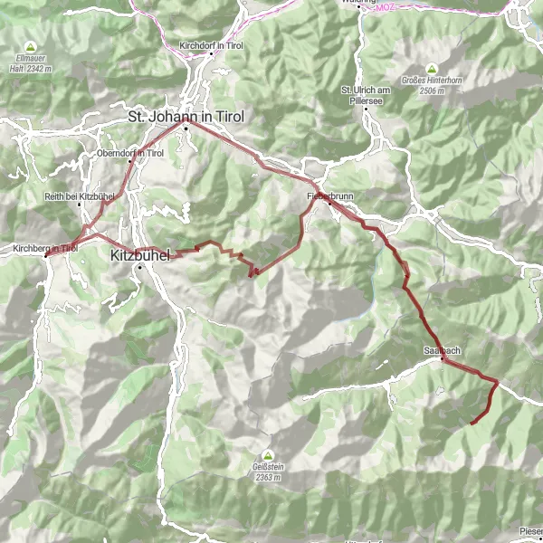 Zemljevid v pomanjšavi "Gravel Pot do Fieberbrunn" kolesarske inspiracije v Tirol, Austria. Generirano z načrtovalcem kolesarskih poti Tarmacs.app