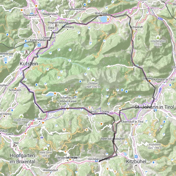 Miniatua del mapa de inspiración ciclista "Ruta de ciclismo en carretera desde Kirchberg in Tirol" en Tirol, Austria. Generado por Tarmacs.app planificador de rutas ciclistas