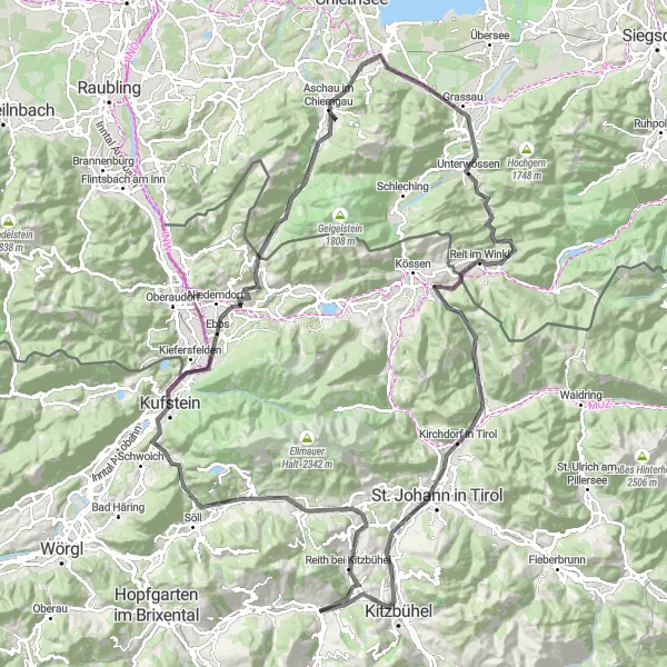 Miniatua del mapa de inspiración ciclista "Escénica ruta de ciclismo de carretera alrededor de Kirchberg in Tirol" en Tirol, Austria. Generado por Tarmacs.app planificador de rutas ciclistas